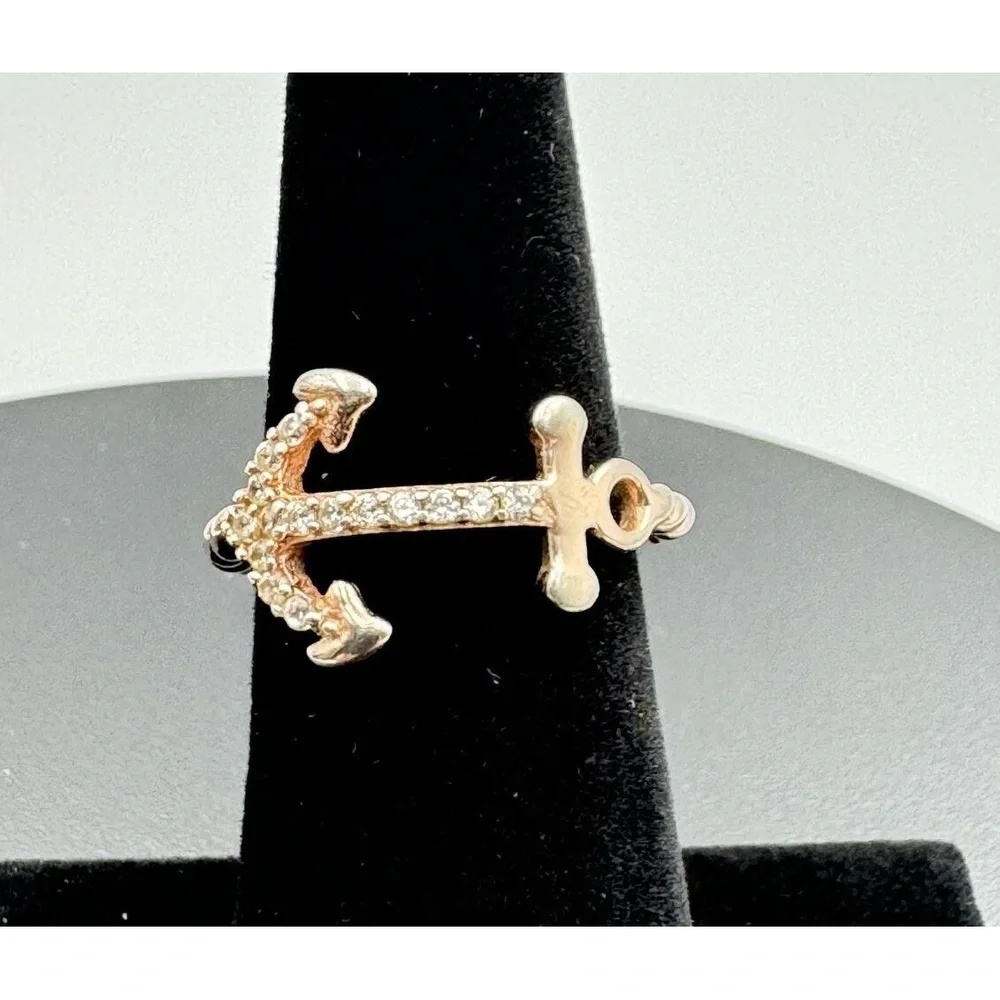 Sterling Silver 925 Rose Gold‎ Plated Pave CZ Anchor Nautical Mariner Ring 6.75